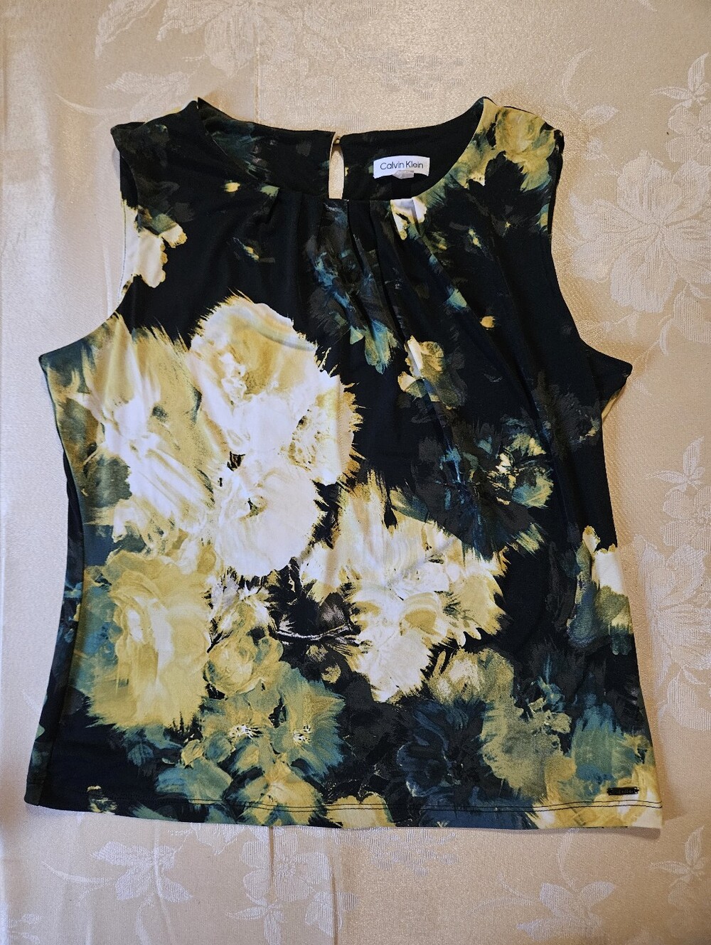 Calvin Klein XL Black Floral Print Sleeveless Camisole with Yellow Accents